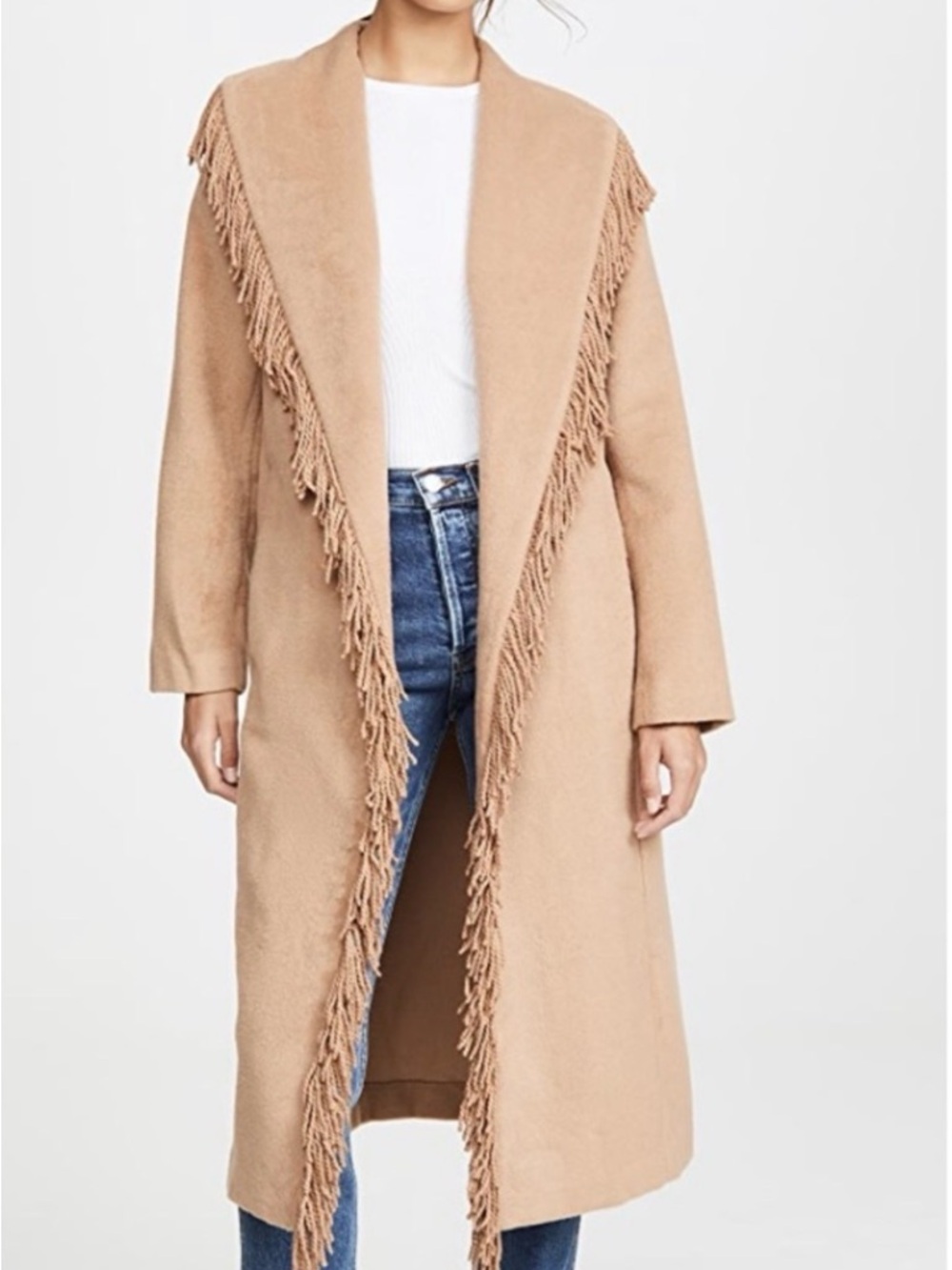 Line & Dot Fringe-Trim Long Trench Coat - Camel